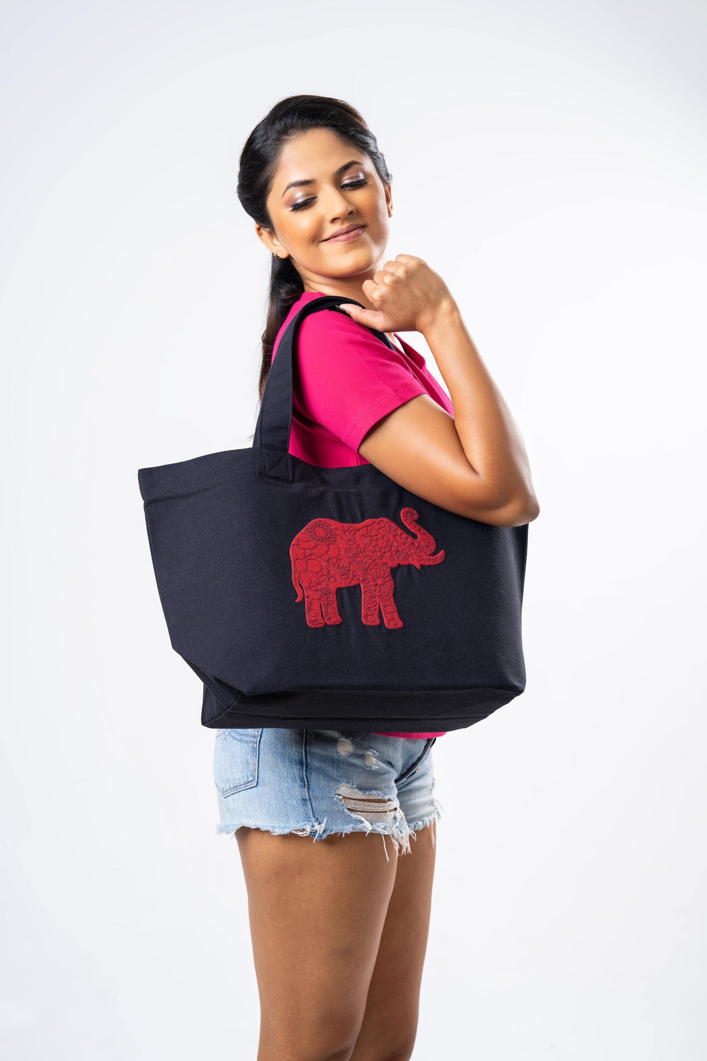 Ceylon Elephant Single Printed Canvas Tote Bag - Black