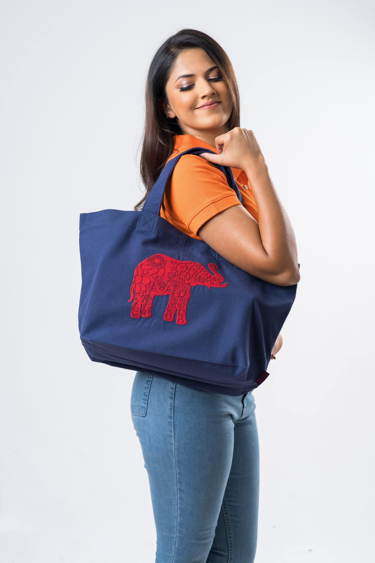 Ceylon Elephant Single Printed Canvas Tote Bag - Navy