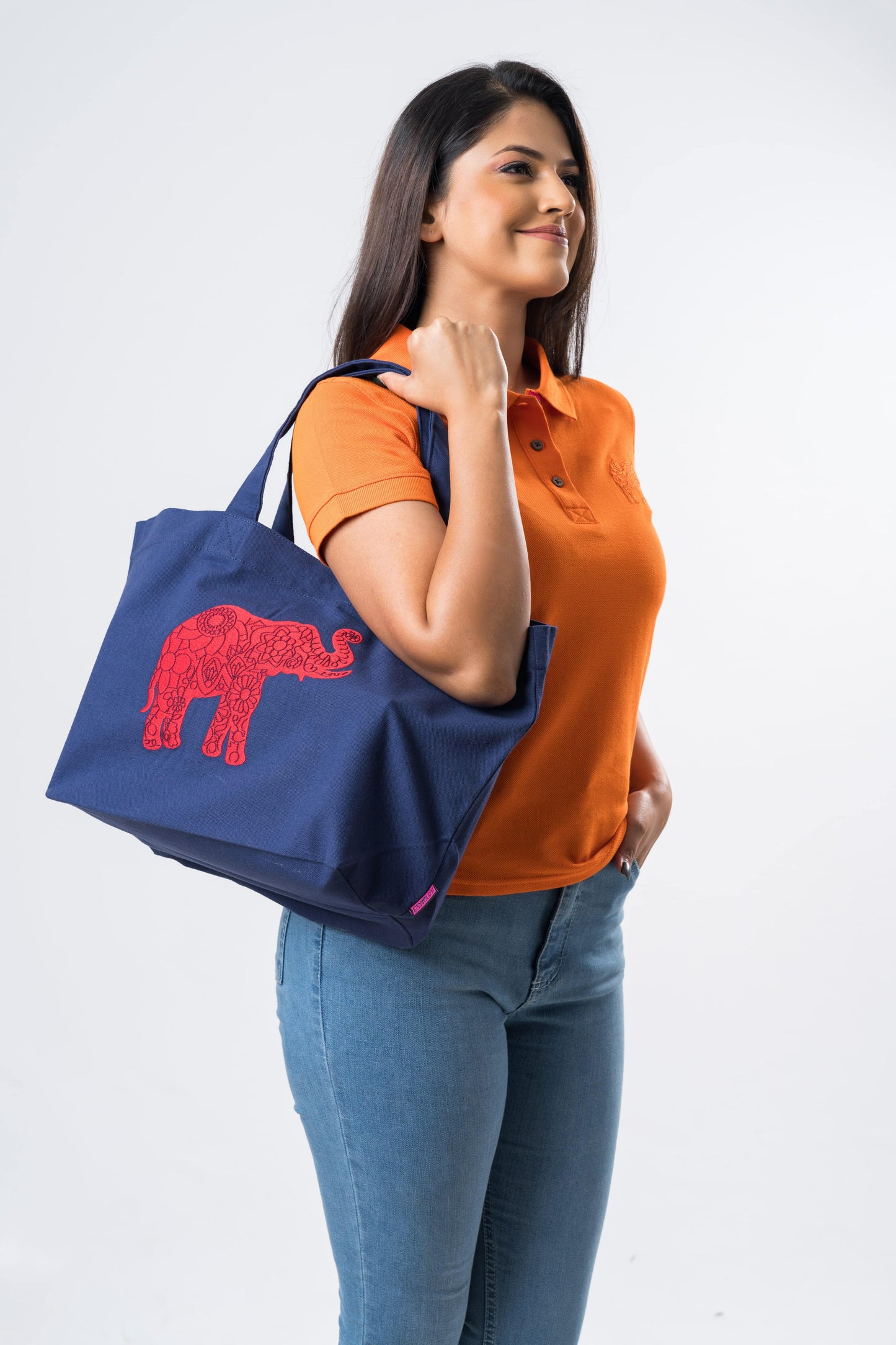 Ceylon Elephant Single Printed Canvas Tote Bag - Navy