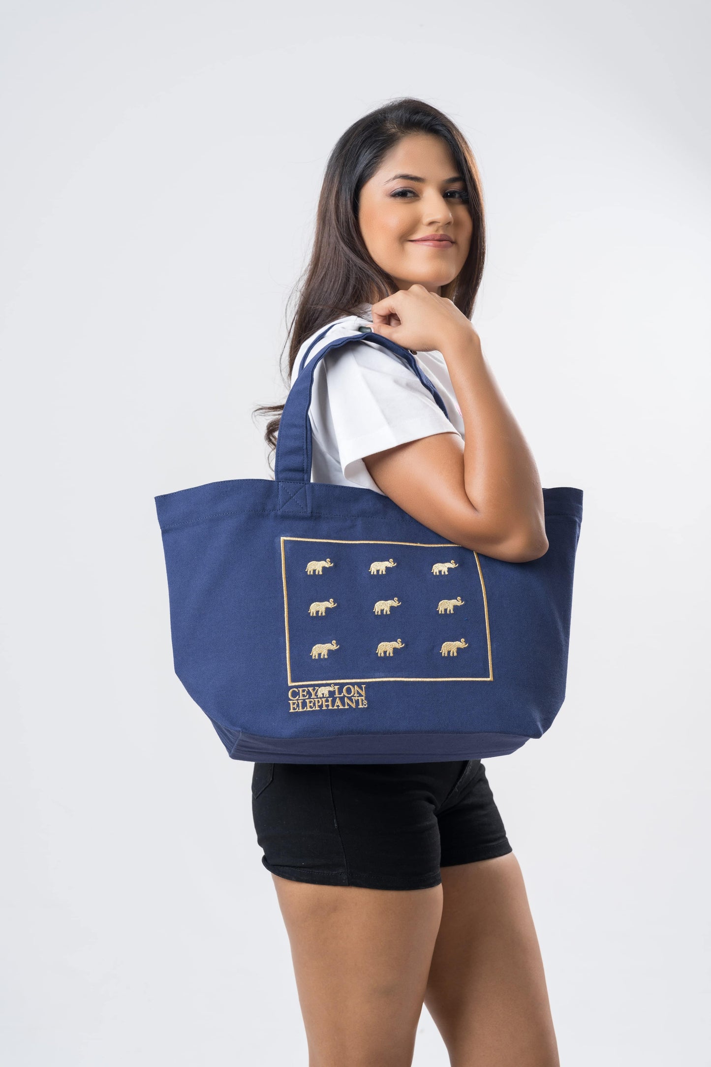 Ceylon Elephant Multitude Printed Canvas Tote Bag - Navy