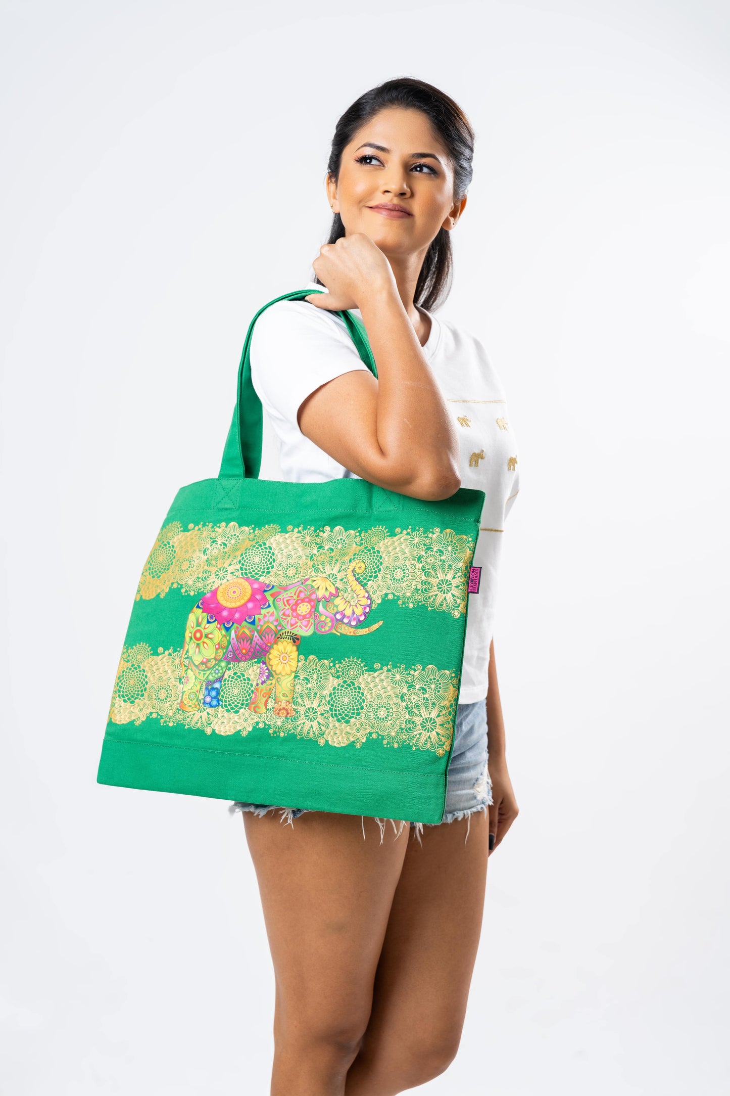 Ceylon Elephant Printed Canvas Tote Bag - Green