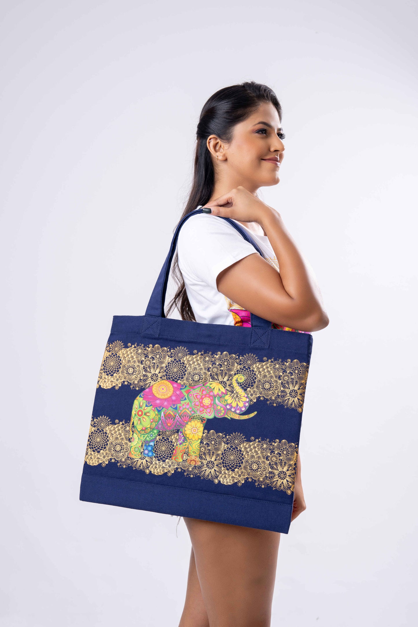 Ceylon Elephant Printed Canvas Tote Bag - Navy