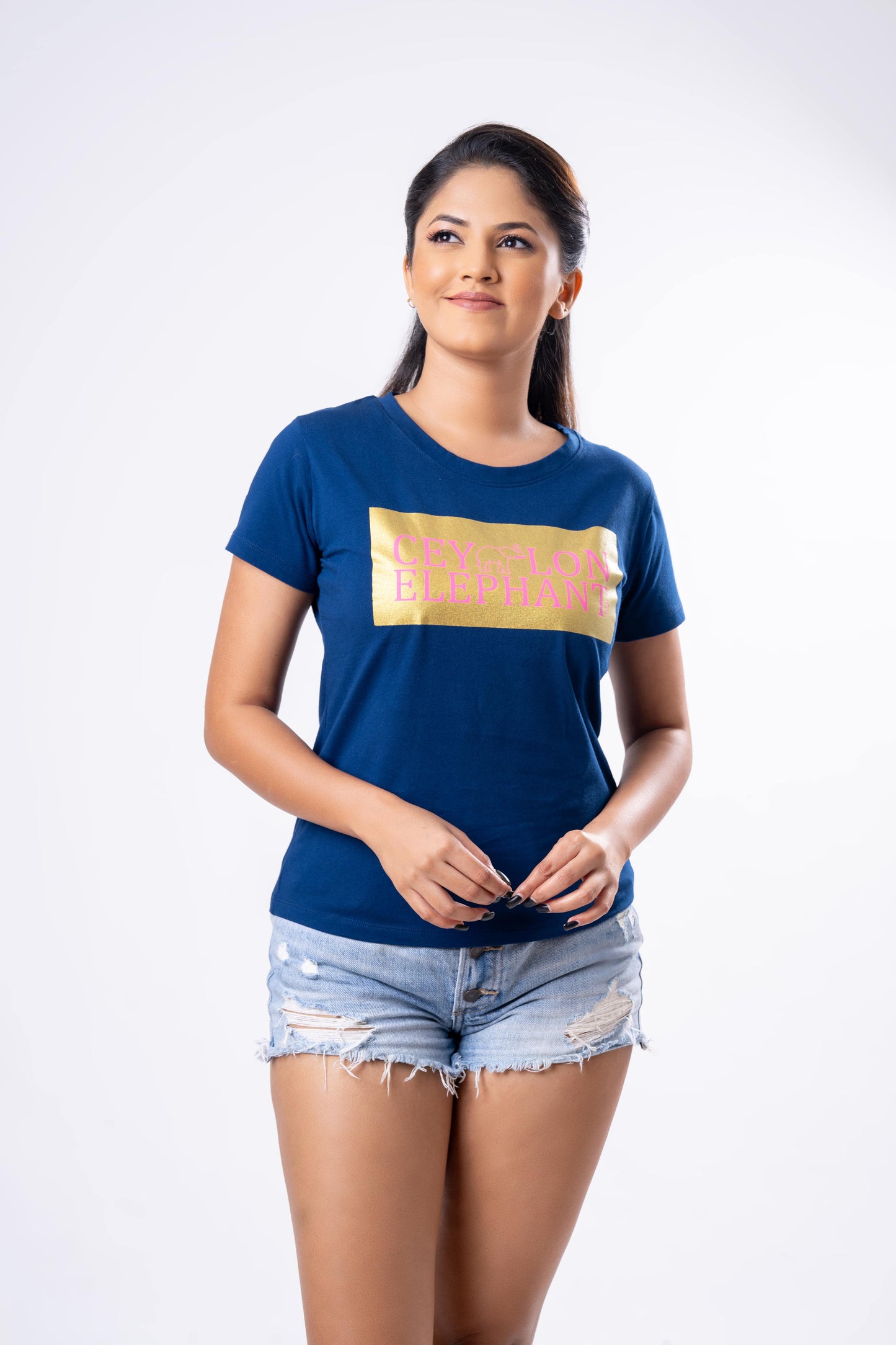 Ceylon Elephant Women's Brand Printed Crew Neck - Navy