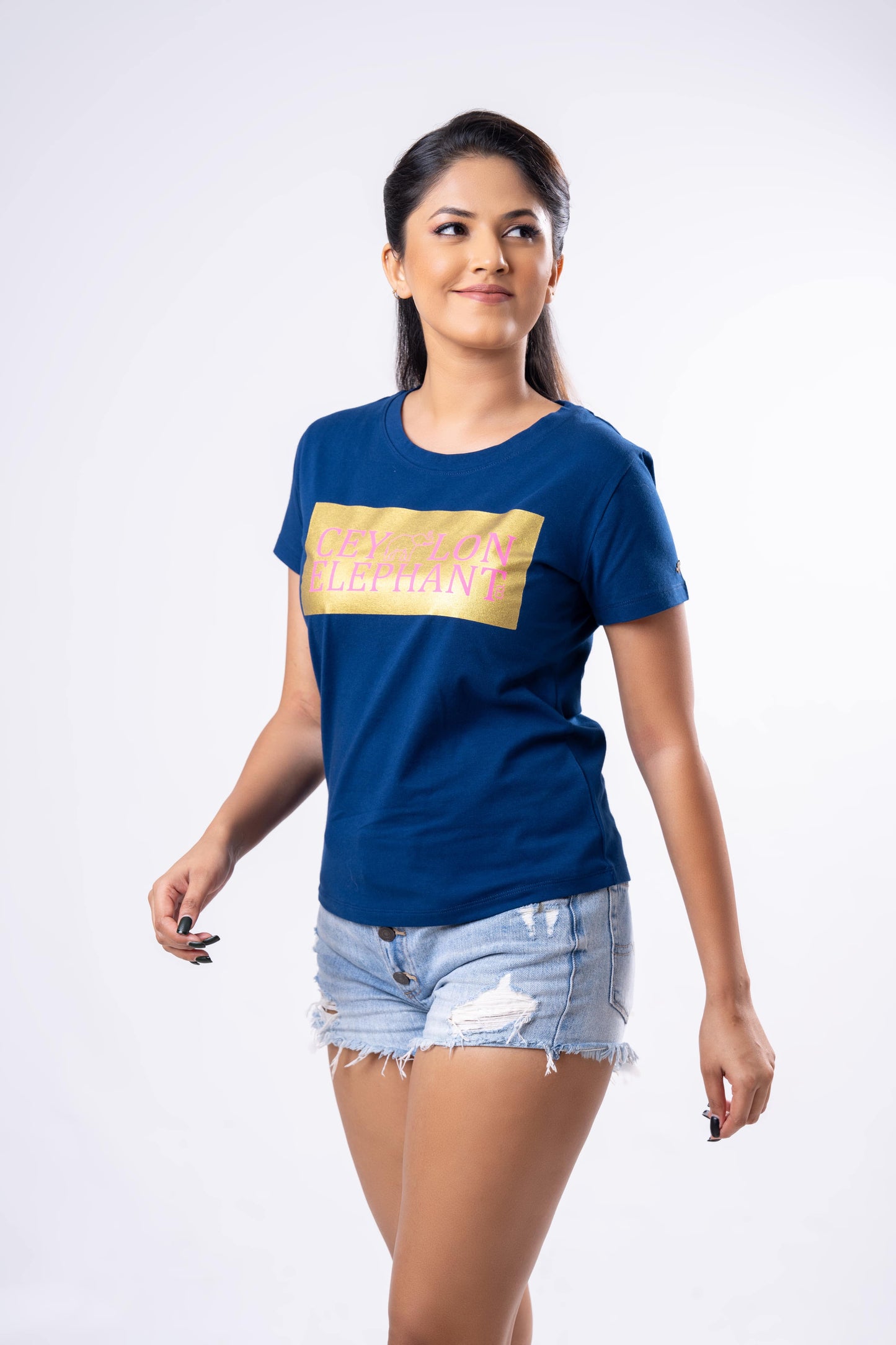 Ceylon Elephant Women's Brand Printed Crew Neck - Navy