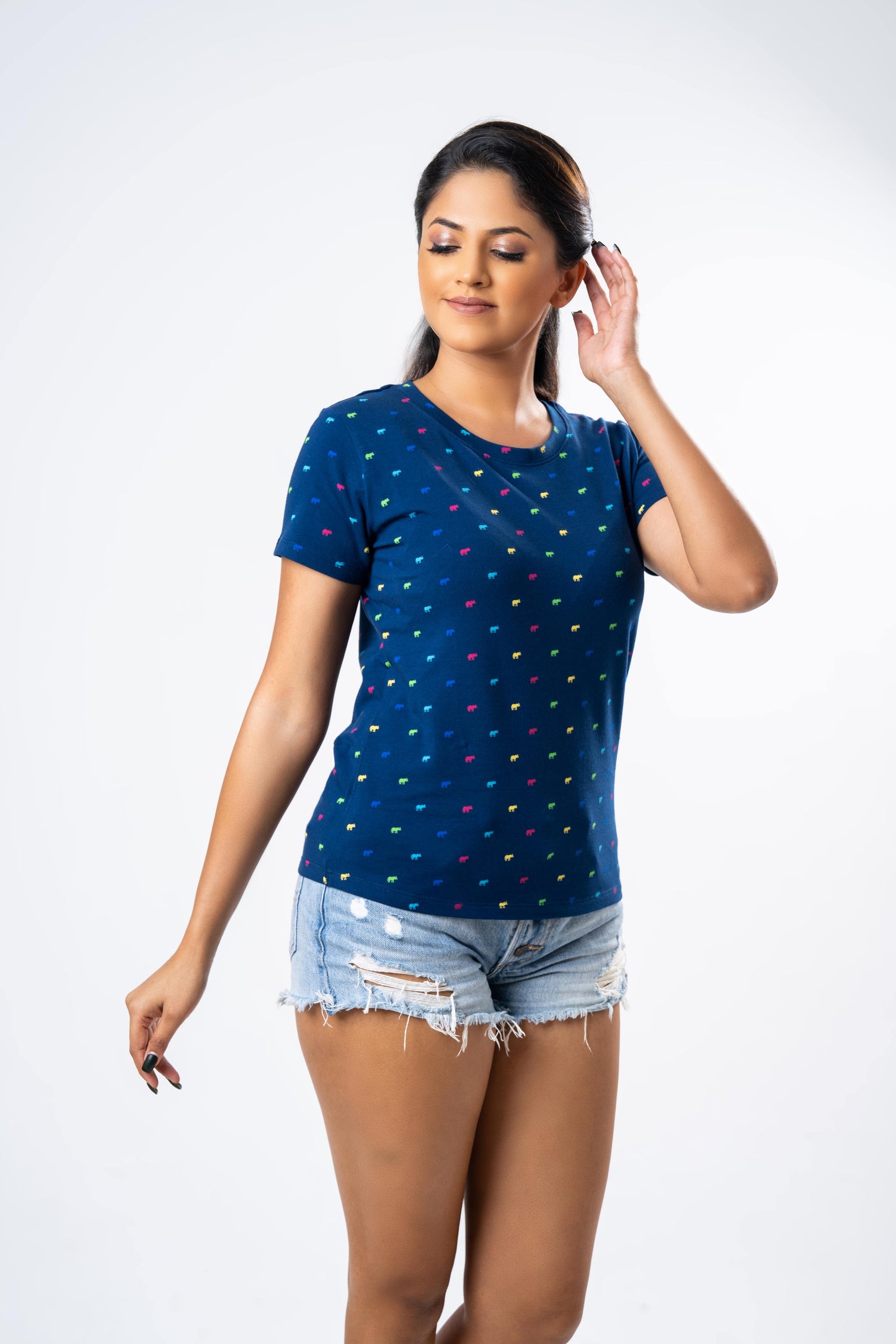 Ceylon Elephant Women's Multitude Printed Crew Neck - Navy