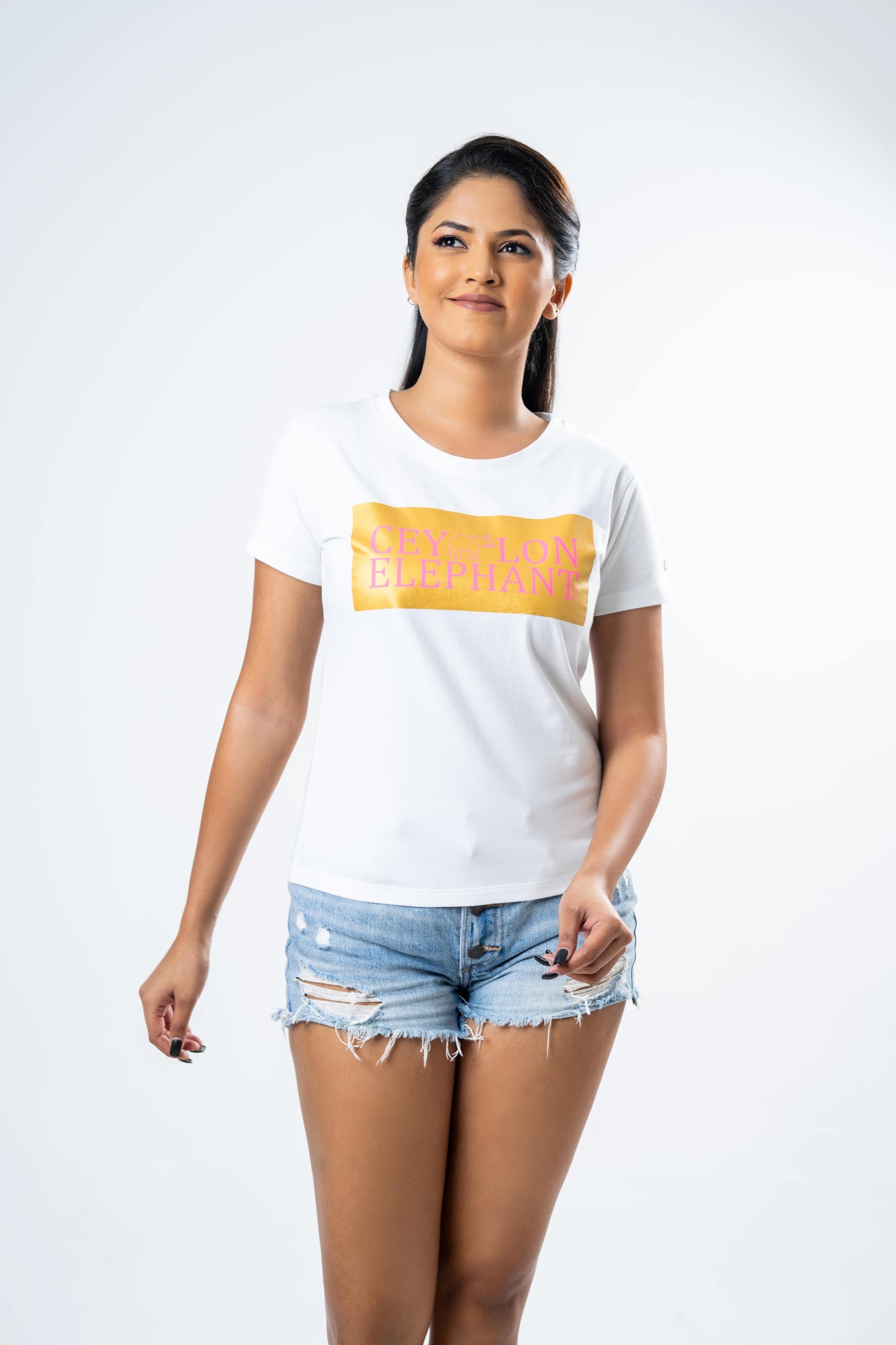 Ceylon Elephant Women's Brand Printed Crew Neck - White