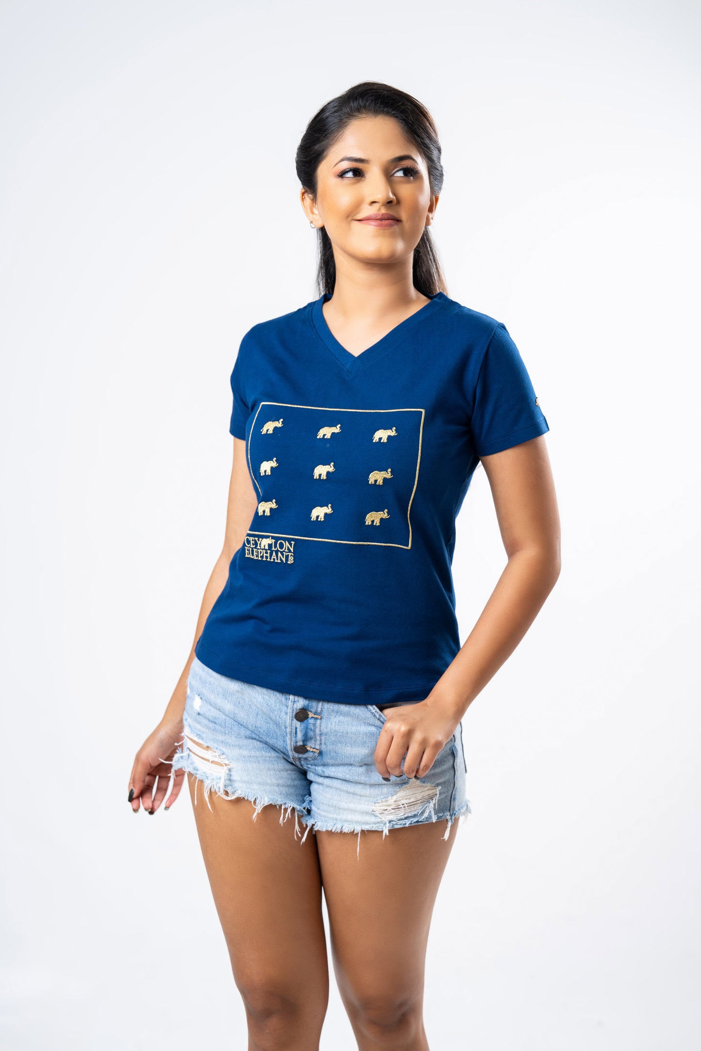 Ceylon Elephant Women's Multitude Embroidered V-Neck - Navy