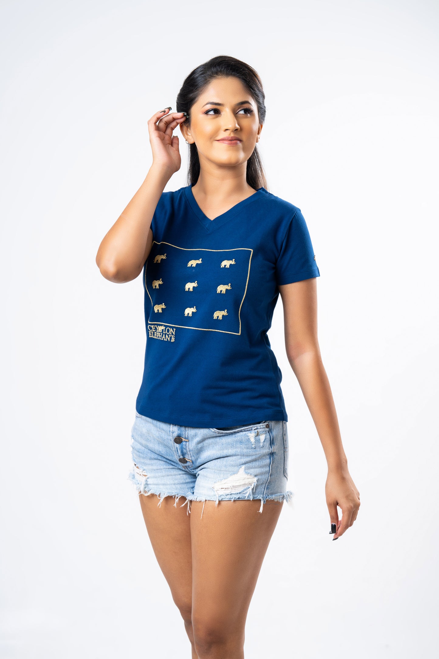 Ceylon Elephant Women's Multitude Embroidered V-Neck - Navy