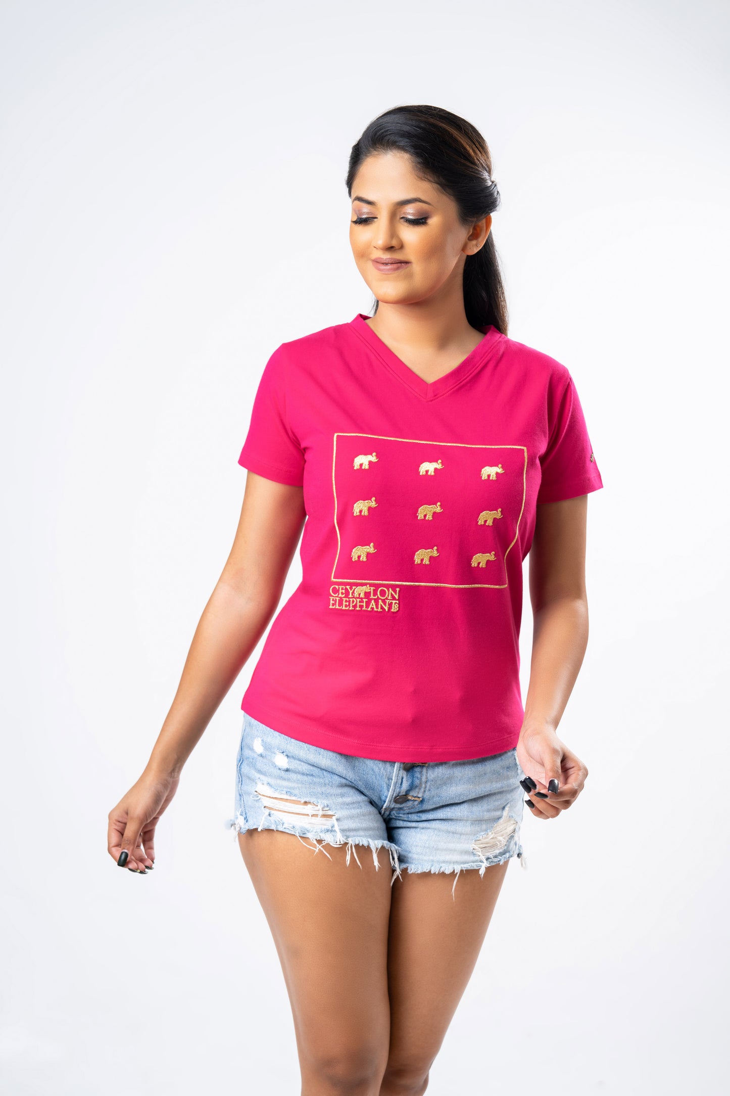 Ceylon Elephant Women's Multitude Embroidered V-Neck - Hot Pink
