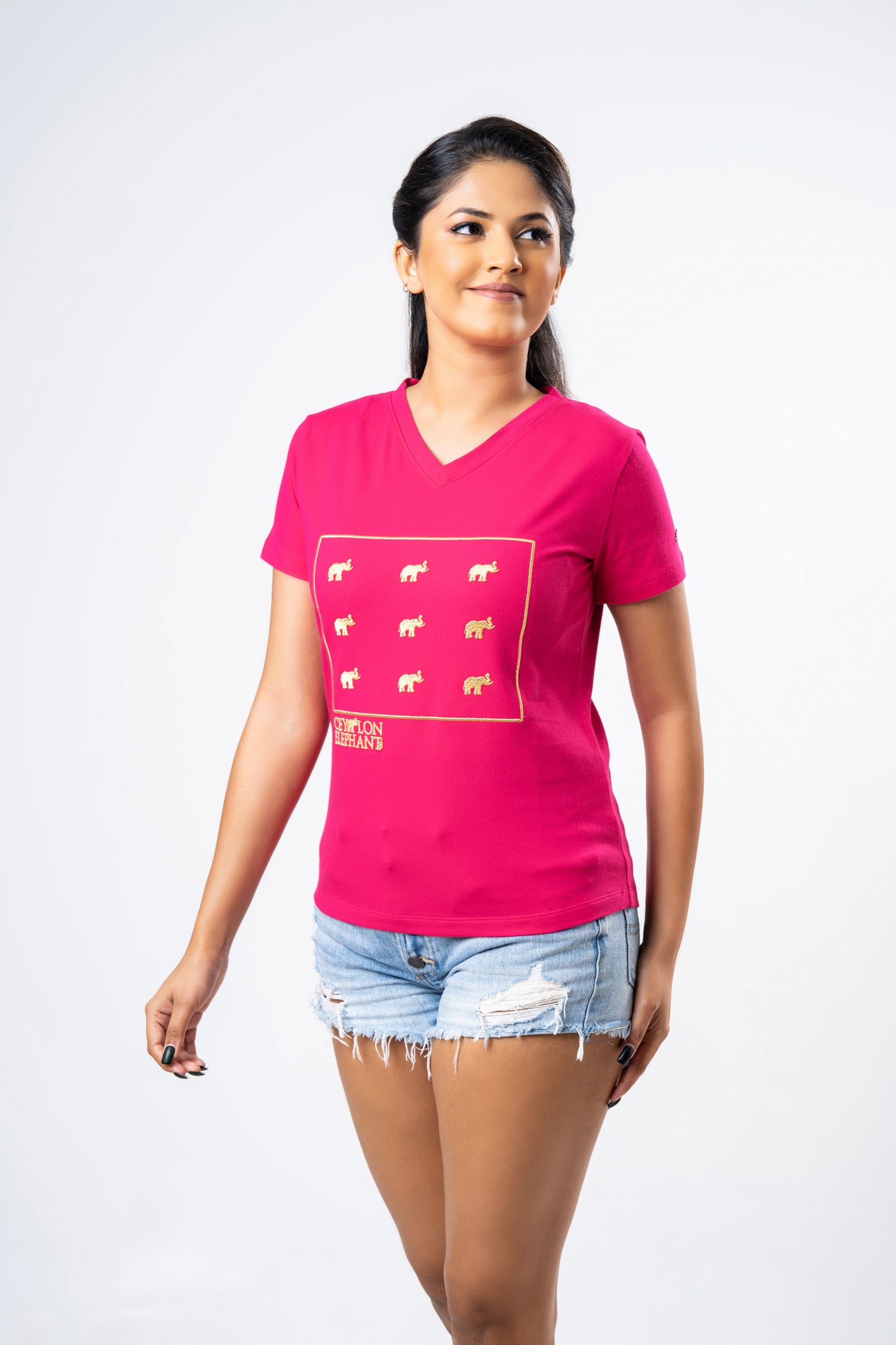 Ceylon Elephant Women's Multitude Embroidered V-Neck - Hot Pink