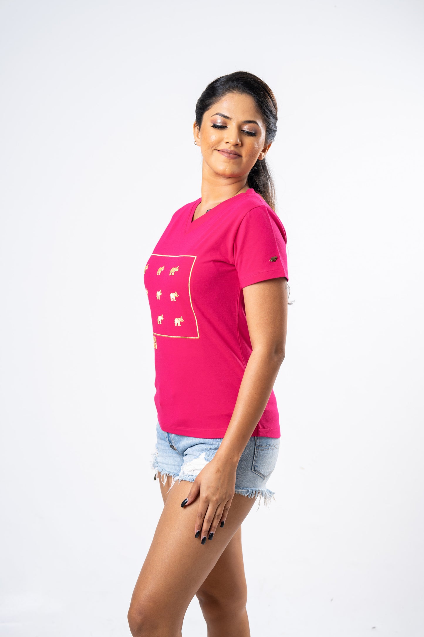 Ceylon Elephant Women's Multitude Embroidered V-Neck - Hot Pink