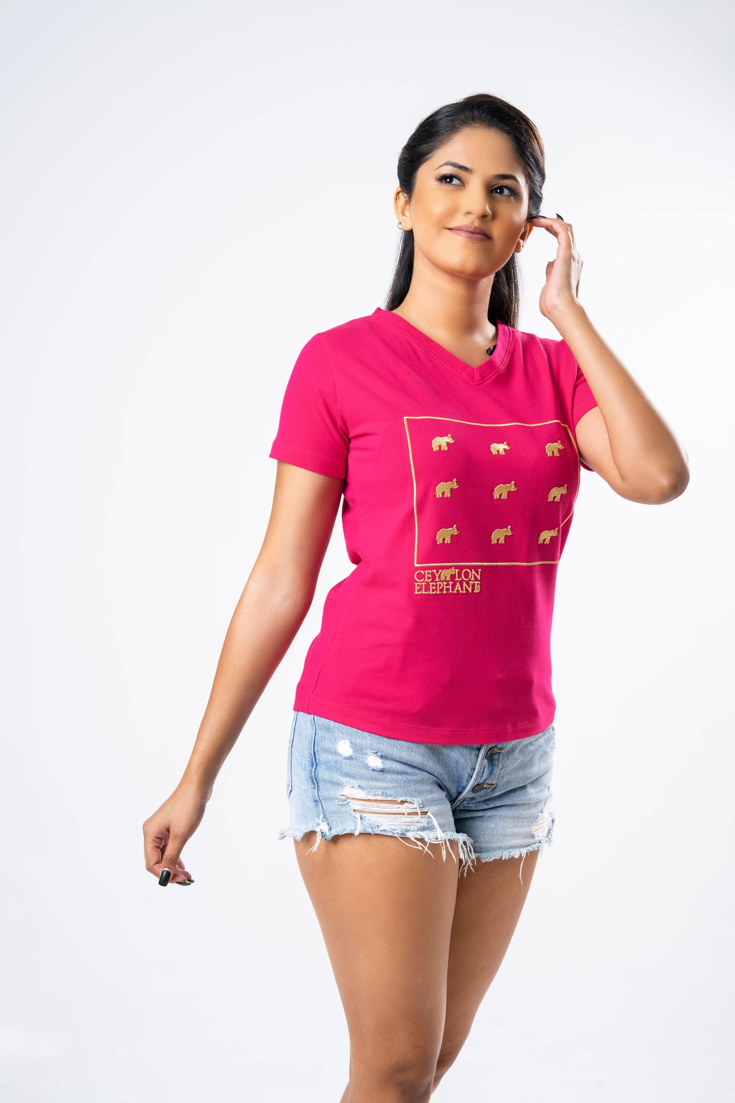 Ceylon Elephant Women's Multitude Embroidered V-Neck - Hot Pink