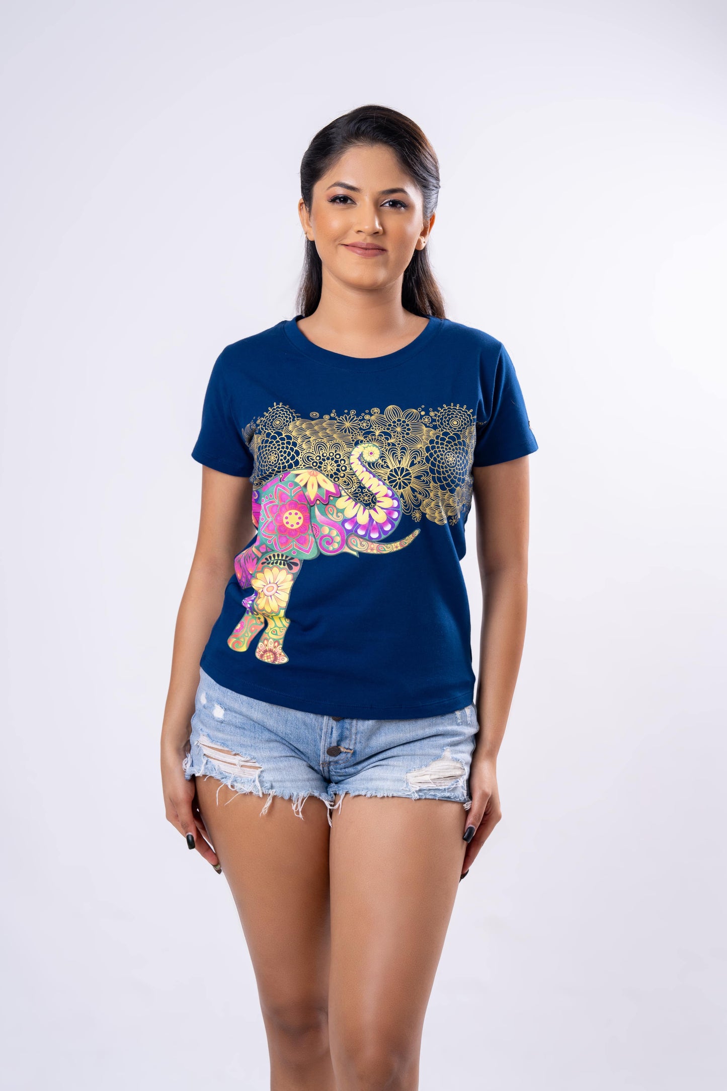 Ceylon Elephant Women's Single Printed Crew Neck - Navy
