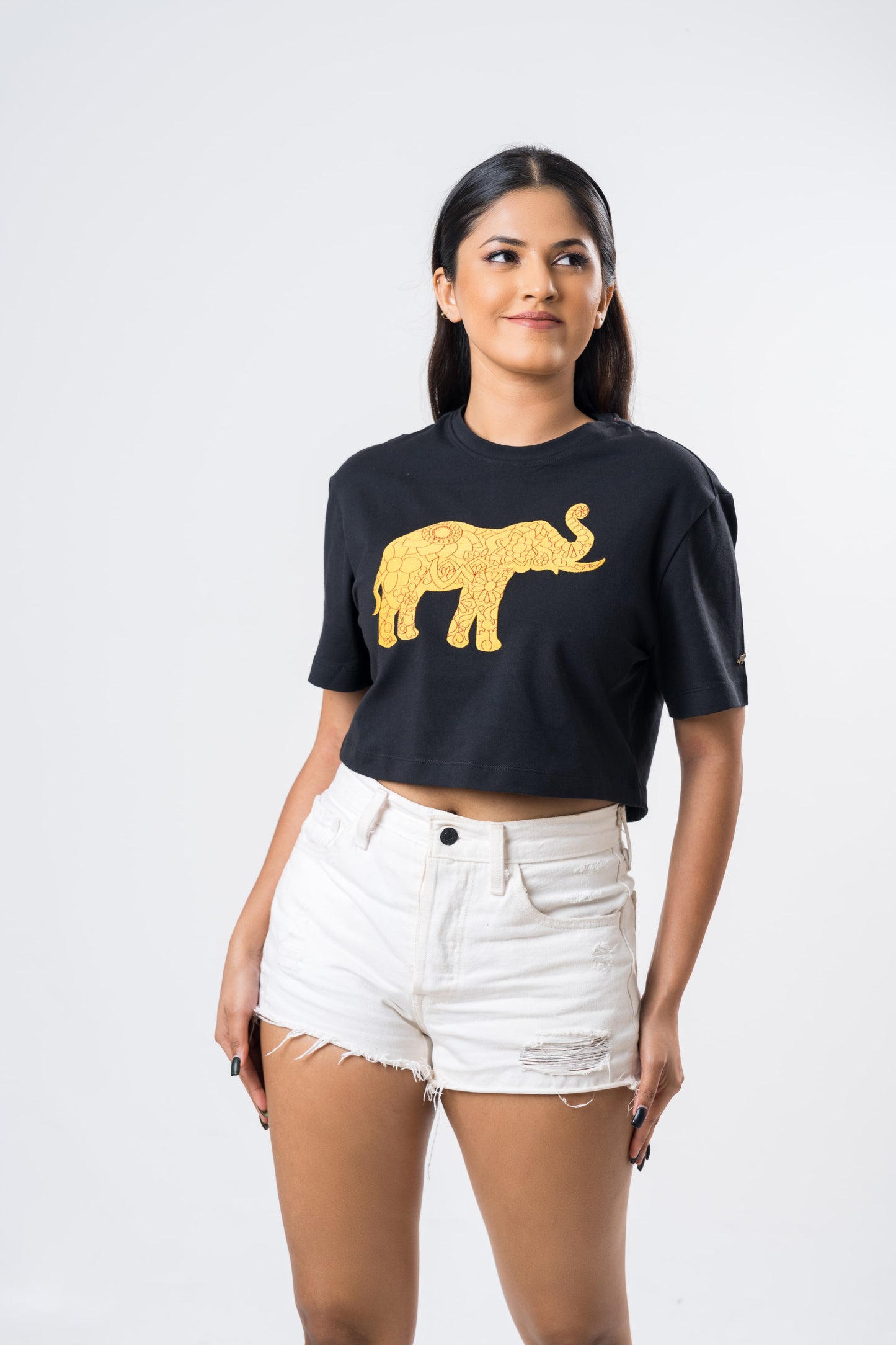 Ceylon Elephant Women's Single Jersey Crop Top - Black