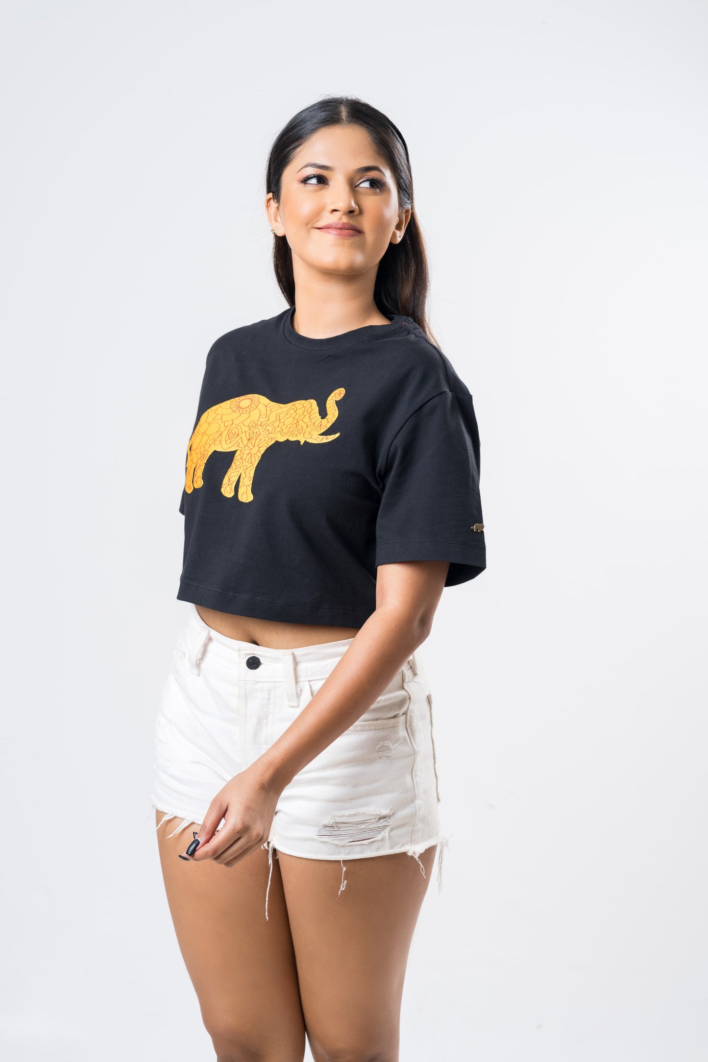Ceylon Elephant Women's Single Jersey Crop Top - Black