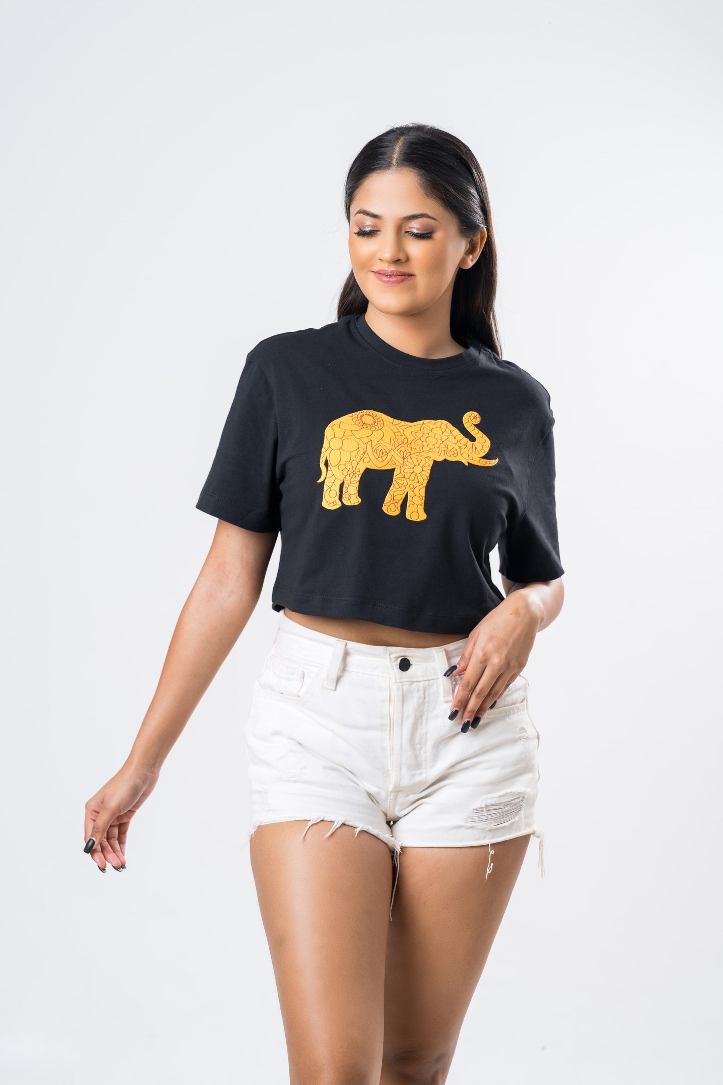Ceylon Elephant Women's Single Jersey Crop Top - Black