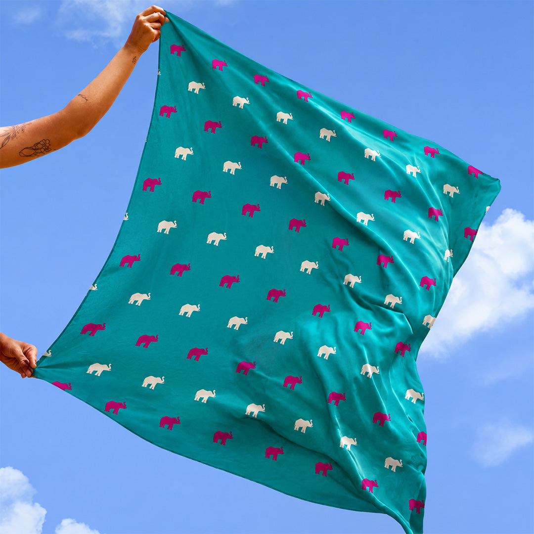 Silk Scarf  Ceylon Elephant All Over Printed - Turquise - 85cmX85cm