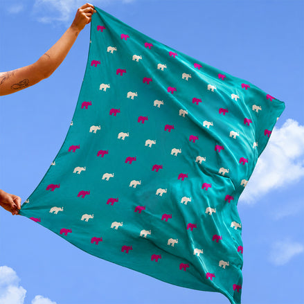 Silk Scarf  Ceylon Elephant All Over Printed - Turquise - 85cmX85cm