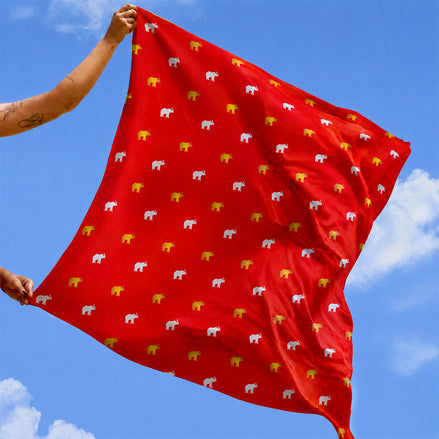 Silk Scarf  Ceylon Elephant All Over Printed - Red - 85cmX85cm