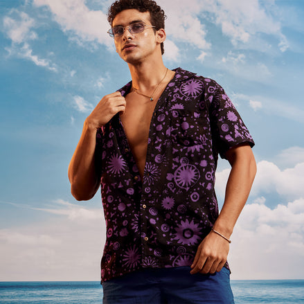 Black Purple Grape Cuban Collar Short Sleeve - Batik Shirt