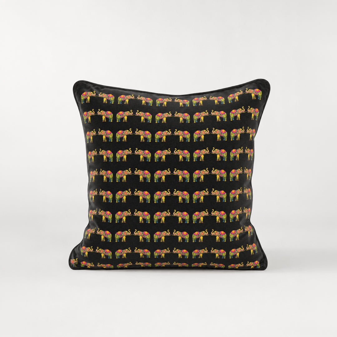 Ceylon Elephant  Black 24"x24" Velvet Cushion Cover