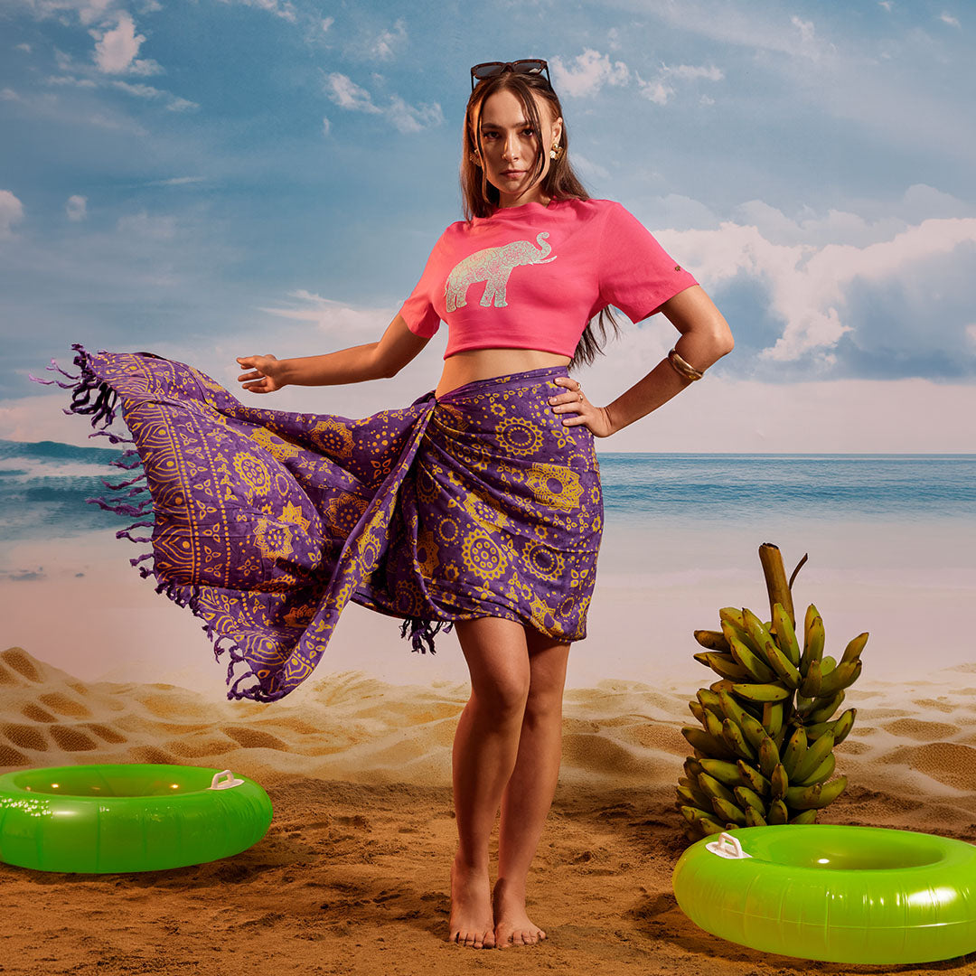 Purple Yellow Lotus Tropical - Tassel Beach Wrap