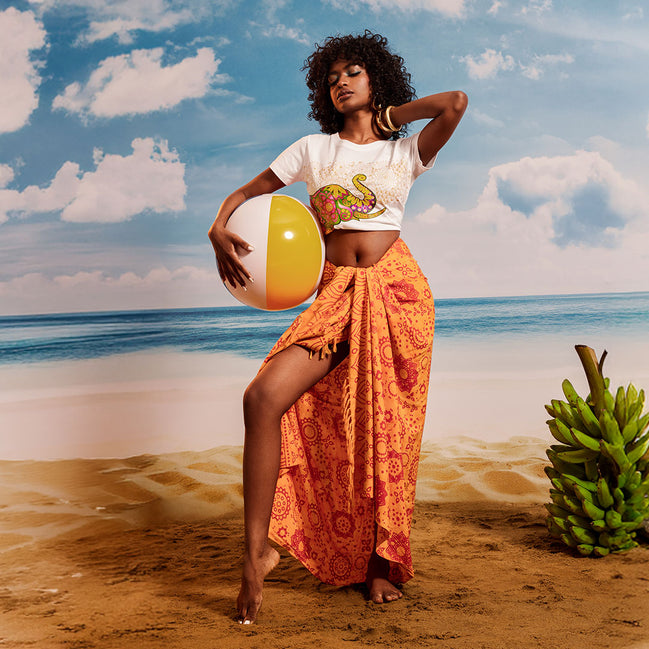 Yellow Red Lotus Tropical - Tassel Beach Wrap