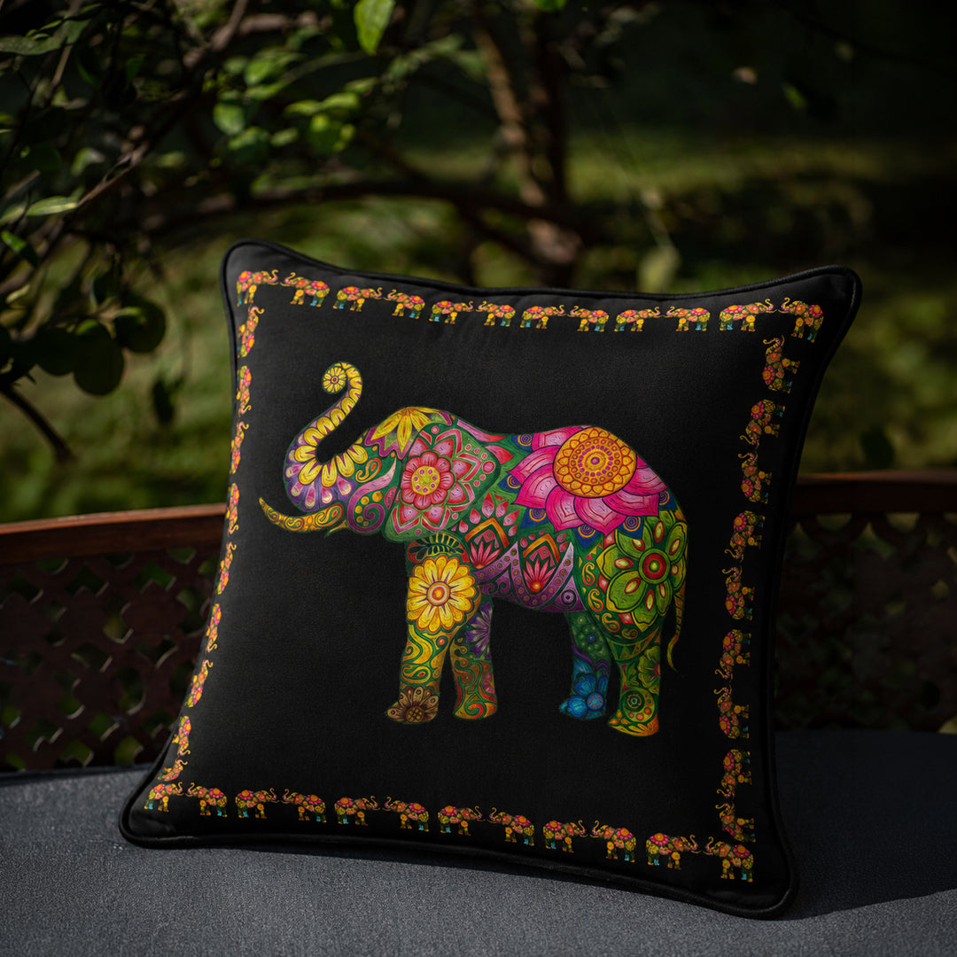 Ceylon Elephant  Black 24"x24" Velvet Cushion Cover