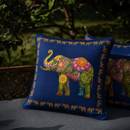 Ceylon Elephant  Blue 24"x24"  Velvet Cushion Cover