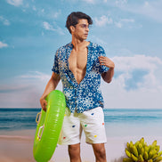 Blue White Lime Chinese Collar  Short Sleeve  - Batik Shirt