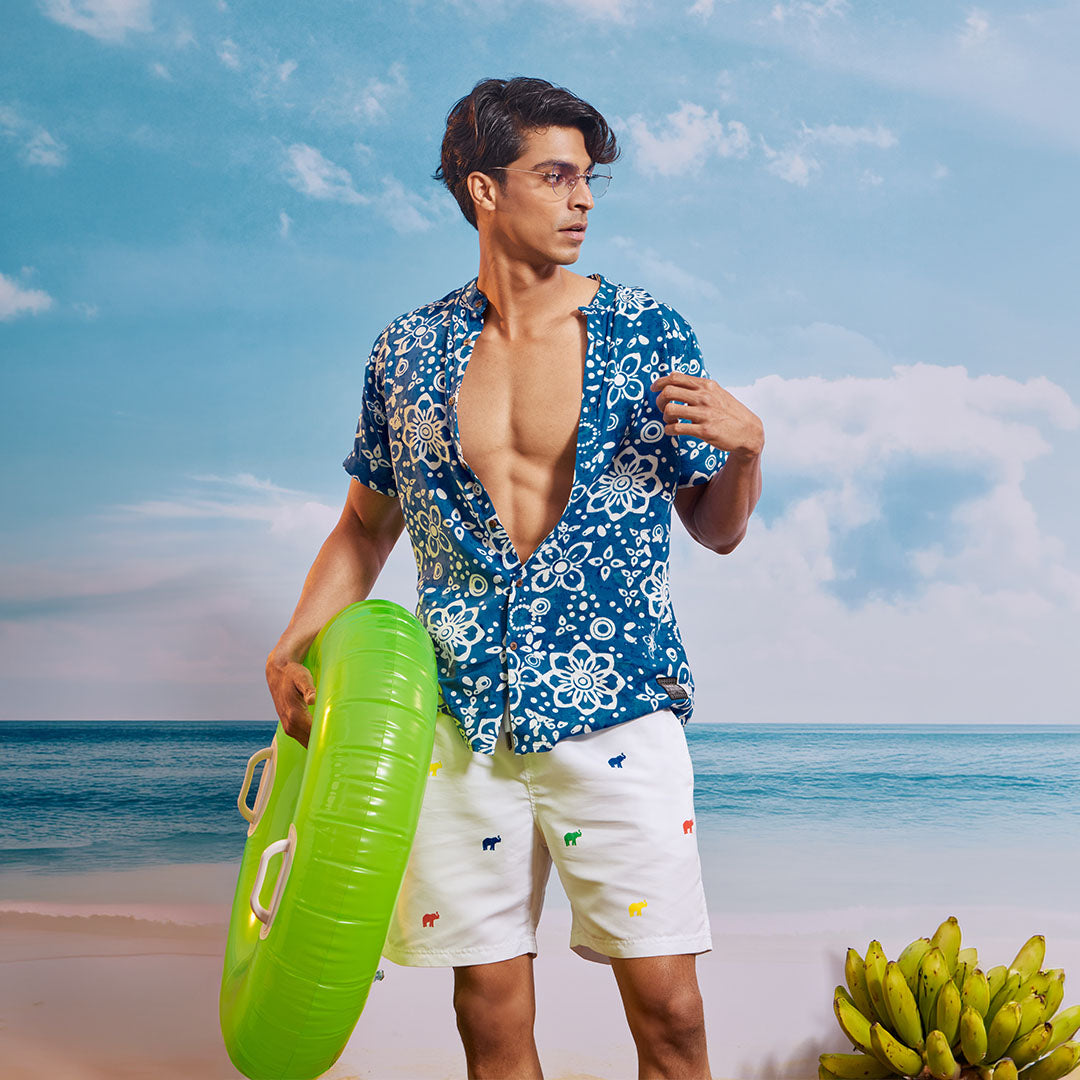 Blue White Lime Chinese Collar  Short Sleeve  - Batik Shirt