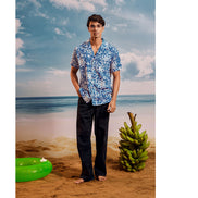 Blue White Lime Cuban Collar Short Sleeve  - Batik Shirt
