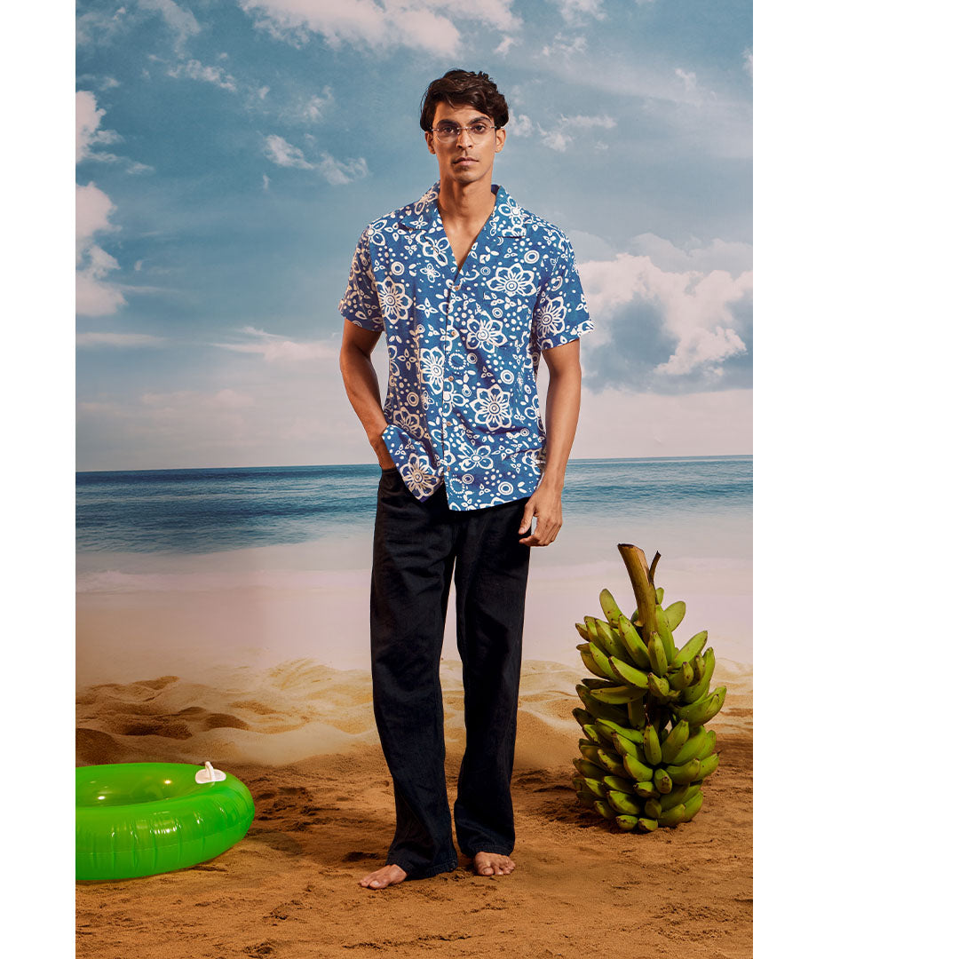 Blue White Lime Cuban Collar Short Sleeve  - Batik Shirt