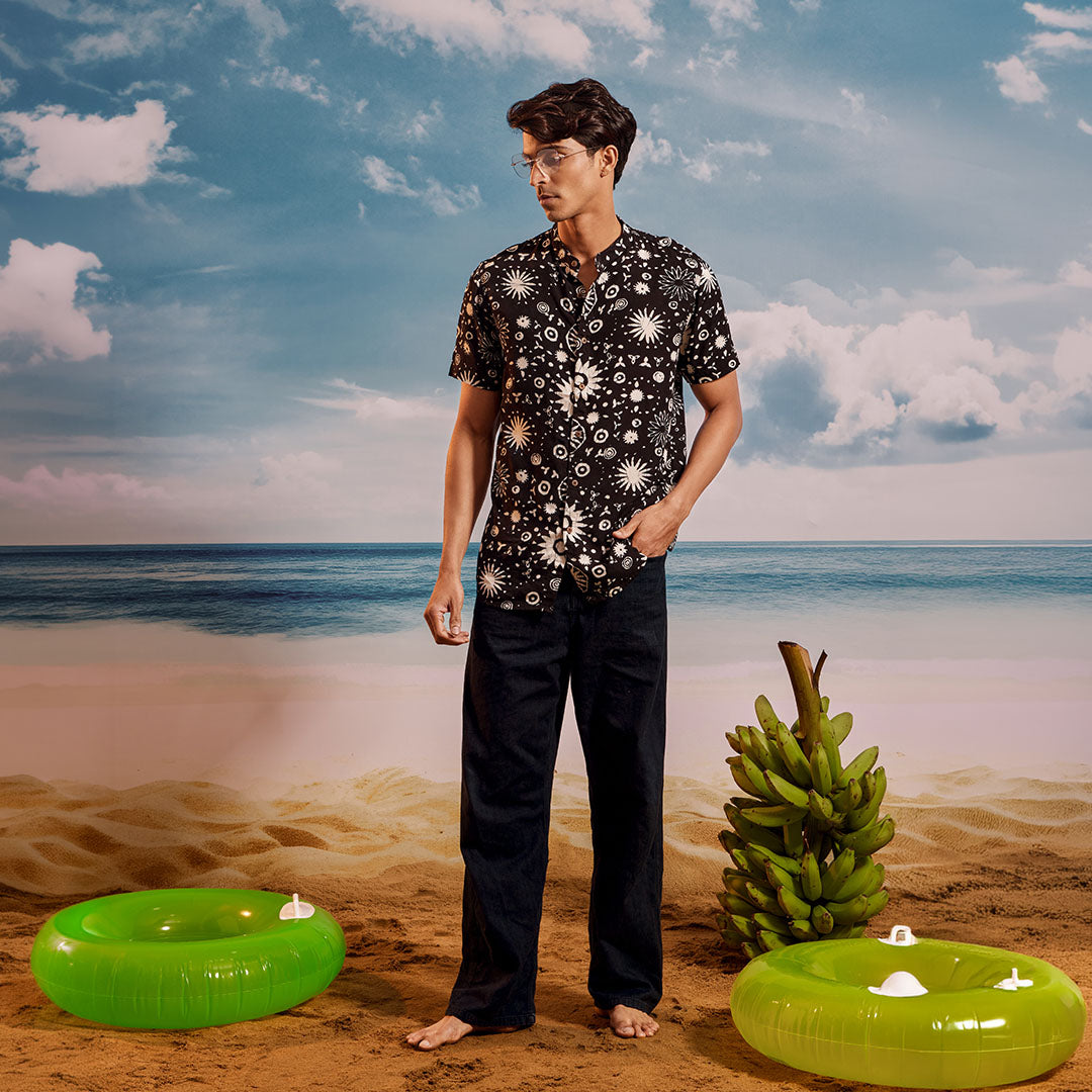 Black White Grape Chinese Collar Short Sleeve  -  Batik Shirt