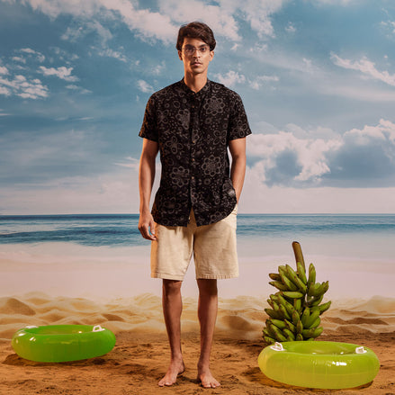 Black Gray Lime Chinese Collar Short Sleeve  - Batik Shirt