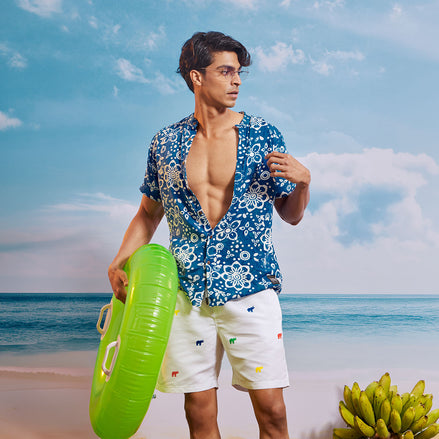 Blue White Lime Chinese Collar  Short Sleeve  - Batik Shirt