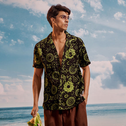 Black Yellow Lotus Cuban Collar Short Sleeve - Batik Shirt