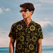 Black Yellow Lotus Chinese Collar Short Sleeve  - Batik Shirt