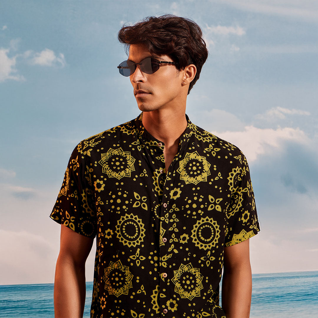 Black Yellow Lotus Chinese Collar Short Sleeve  - Batik Shirt