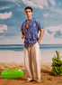 Dark Blue Sea Blue Mango Chinese Collar Short Sleeve  - Batik Shirt