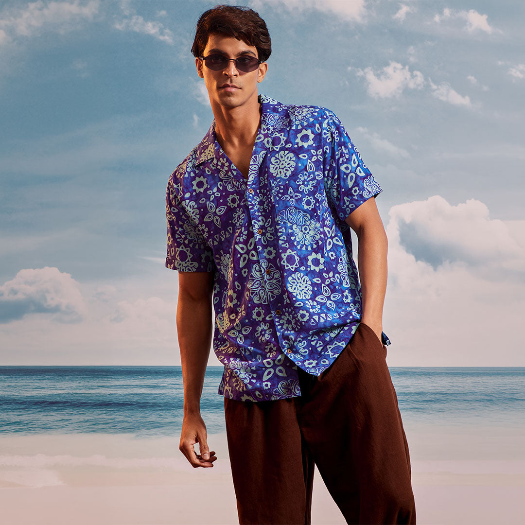 Dark Blue Sea Blue Mango Cuban Collar Short Sleeve -  Batik Shirt