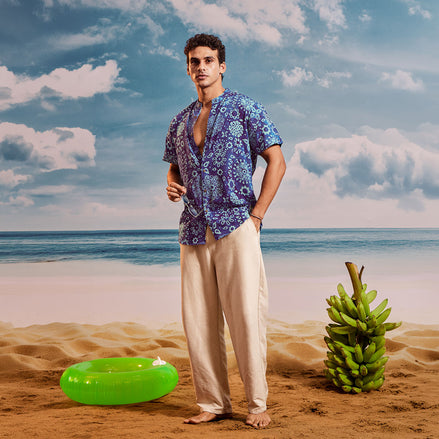 Dark Blue Sea Blue Mango Chinese Collar Short Sleeve  - Batik Shirt