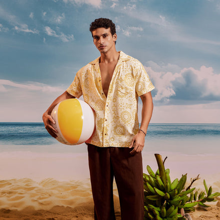 White Gold Lotus Cuban Collar Short Sleeve  - Batik Shirt