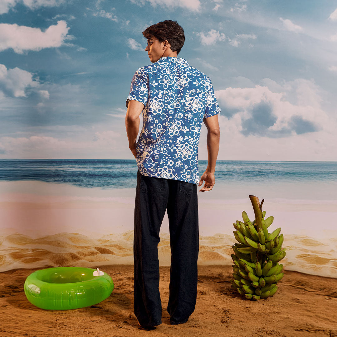 Blue White Lime Cuban Collar Short Sleeve  - Batik Shirt