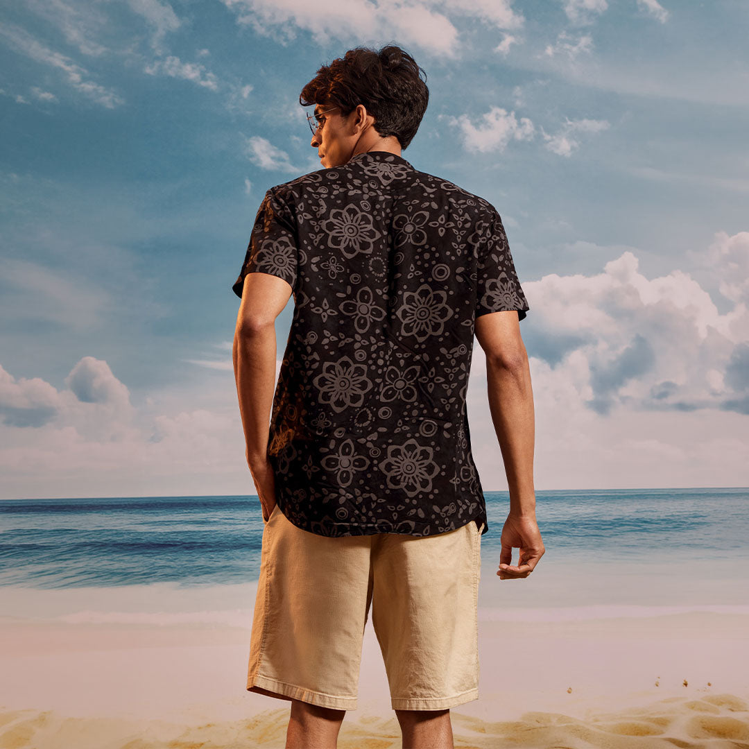 Black Gray Lime Chinese Collar Short Sleeve  - Batik Shirt
