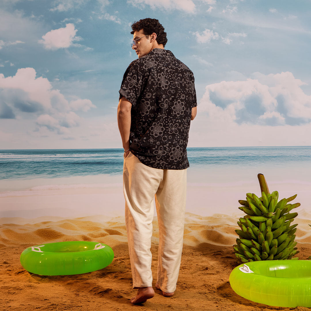 Black Gray Lime Cuban Collar Short Sleeve -  Batik Shirt