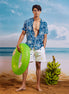 Blue White Lime Chinese Collar  Short Sleeve  - Batik Shirt