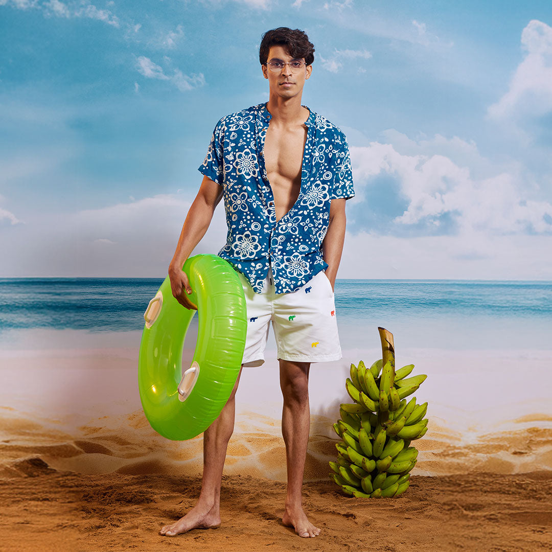 Blue White Lime Chinese Collar  Short Sleeve  - Batik Shirt