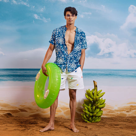 Blue White Lime Chinese Collar  Short Sleeve  - Batik Shirt