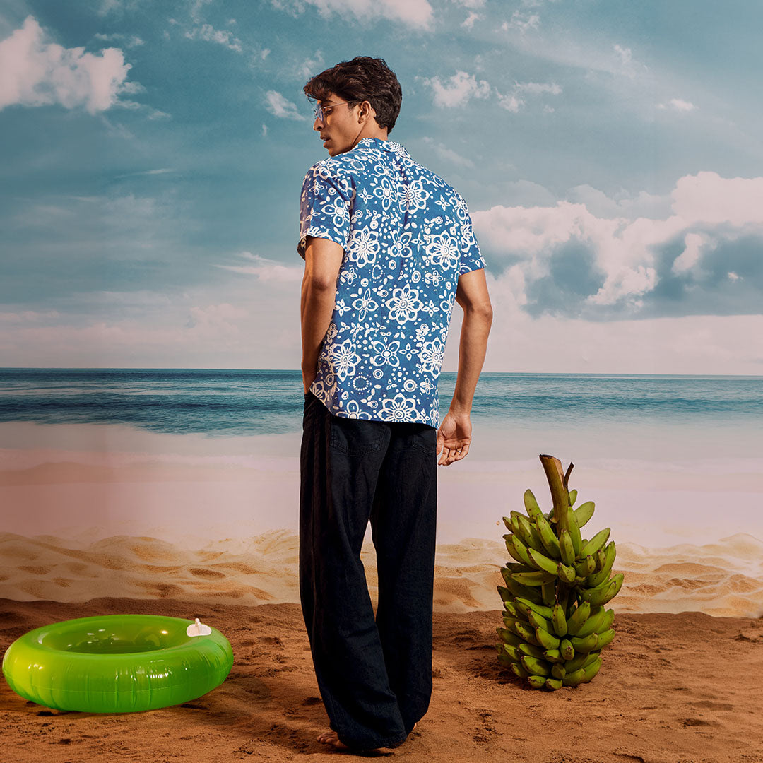 Blue White Lime Cuban Collar Short Sleeve  - Batik Shirt